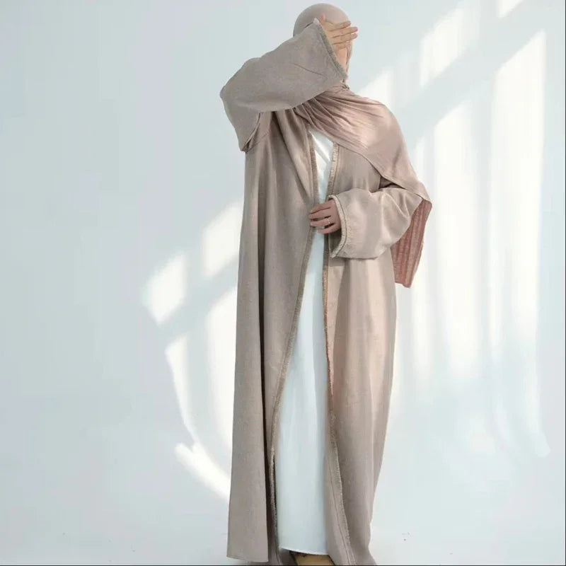 Beige Linen Tassel Open Abaya - AL-SAYLA