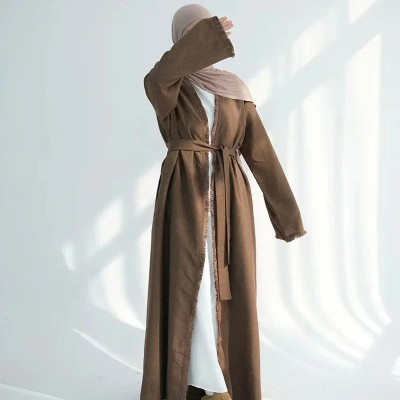 Brown Linen Tassel Open Abaya - AL-SAYLA
