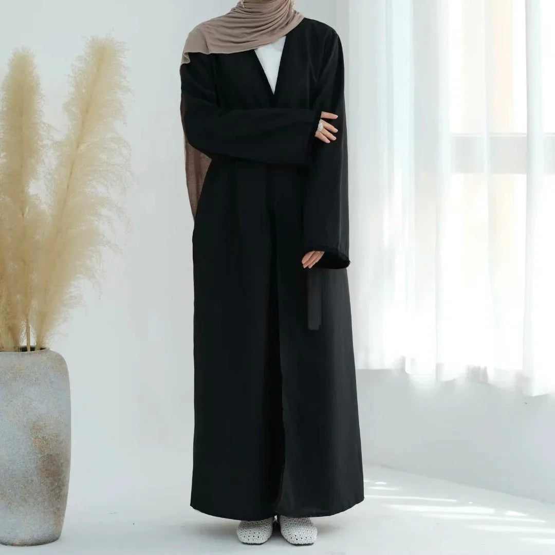 Black Linen Tassel Open Abaya - AL-SAYLA