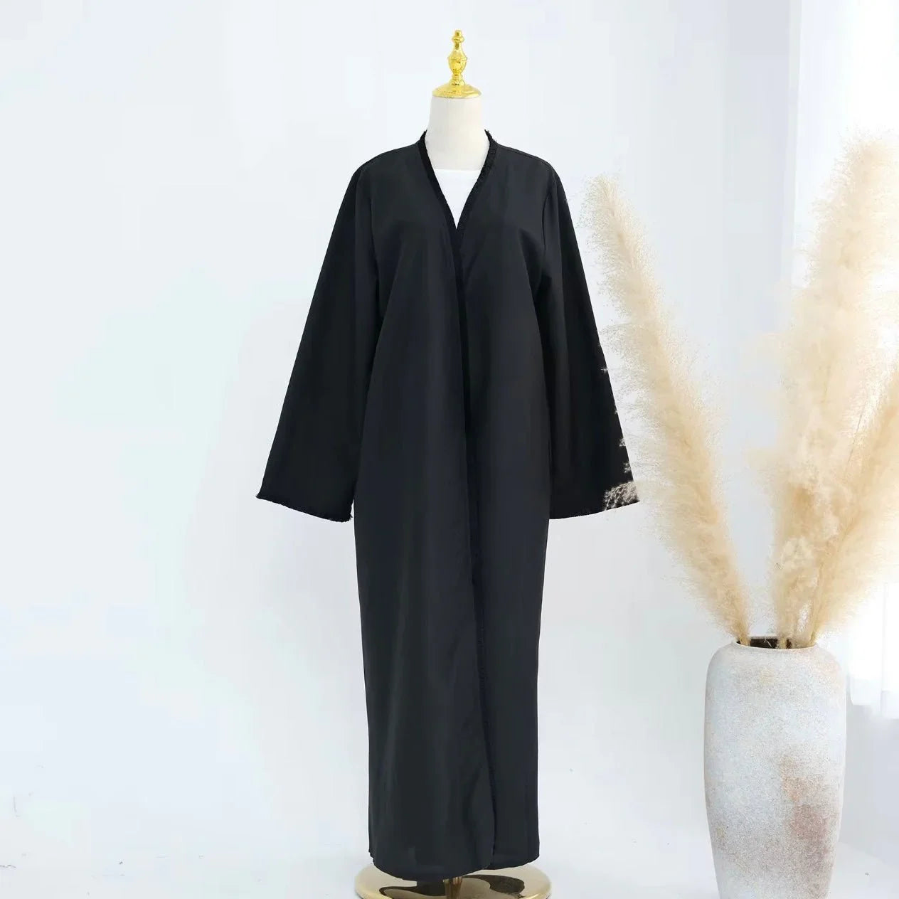 Black Linen Tassel Open Abaya - AL-SAYLA