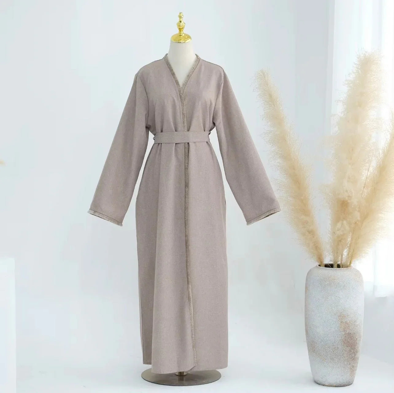 Beige Linen Tassel Open Abaya - AL-SAYLA
