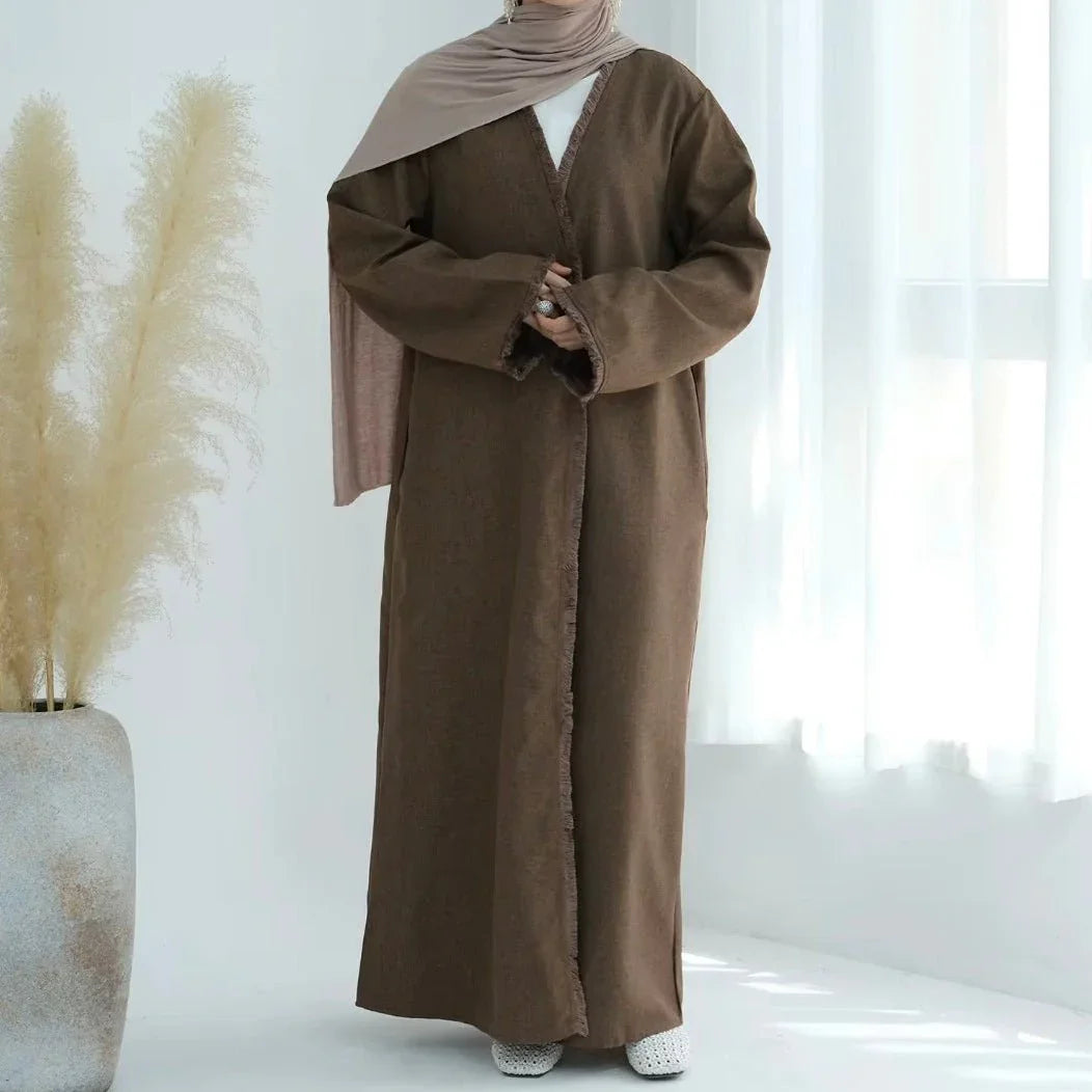 Brown Linen Tassel Open Abaya - AL-SAYLA