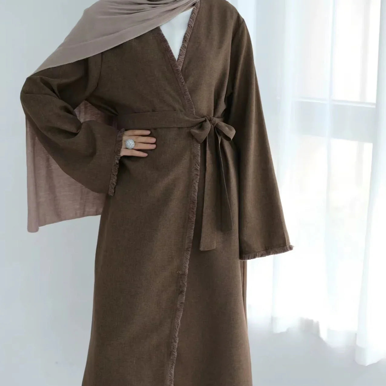 Brown Linen Tassel Open Abaya - AL-SAYLA