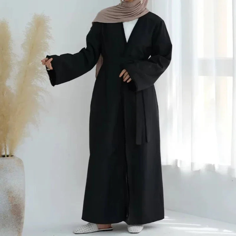 Black Linen Tassel Open Abaya - AL-SAYLA
