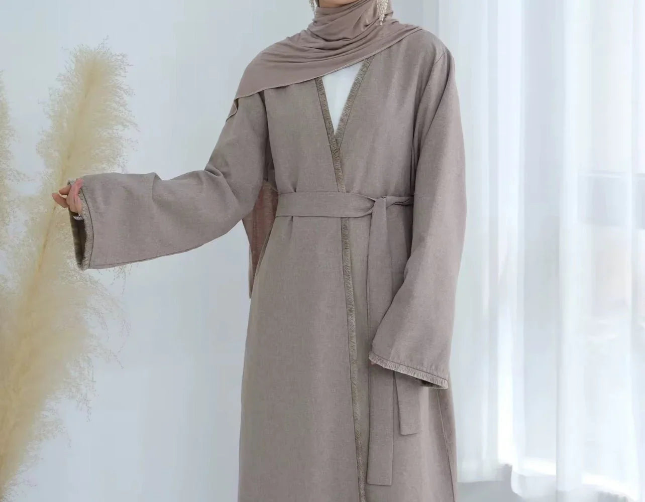 Beige Linen Tassel Open Abaya - AL-SAYLA