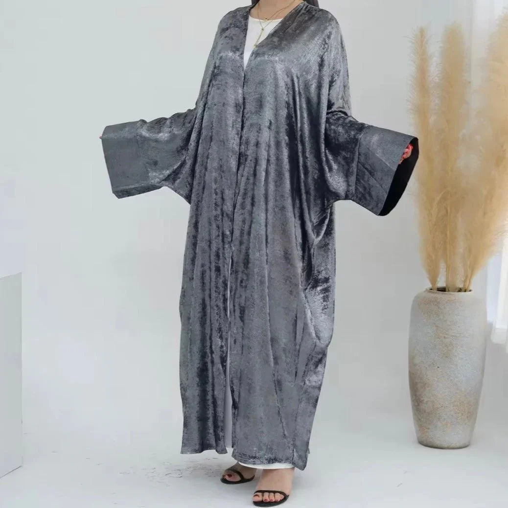 Silver Crushed Velvet Open Abaya - AL-SAYLA