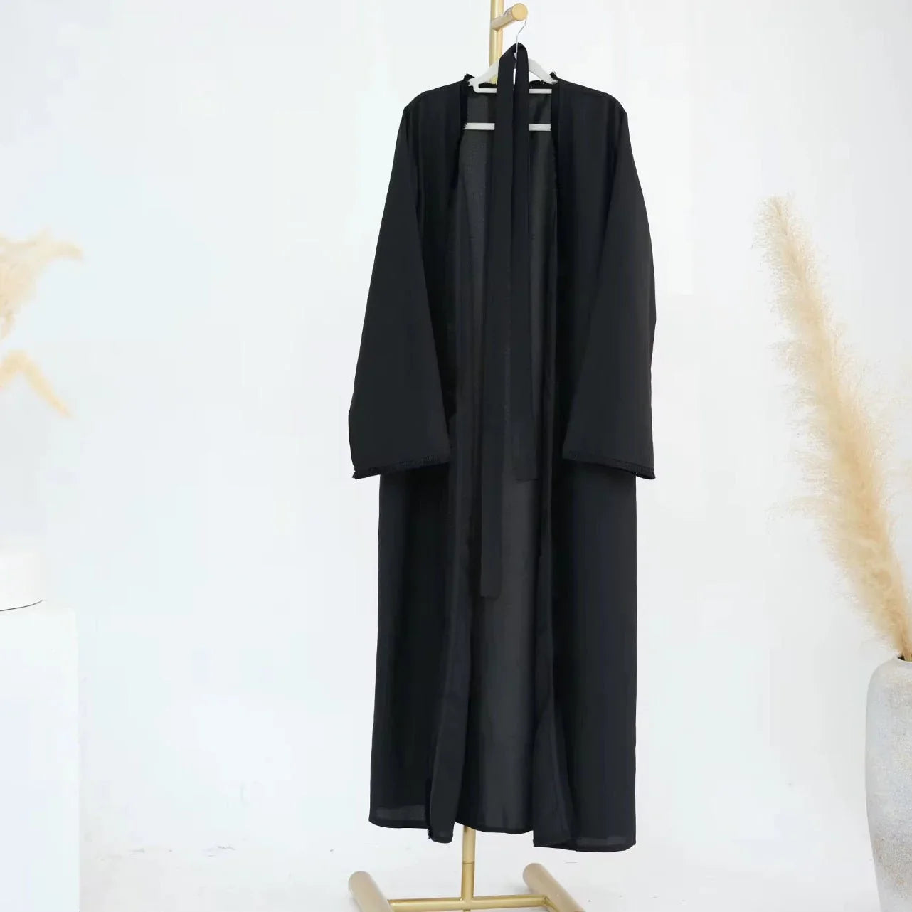 Black Linen Tassel Open Abaya - AL-SAYLA