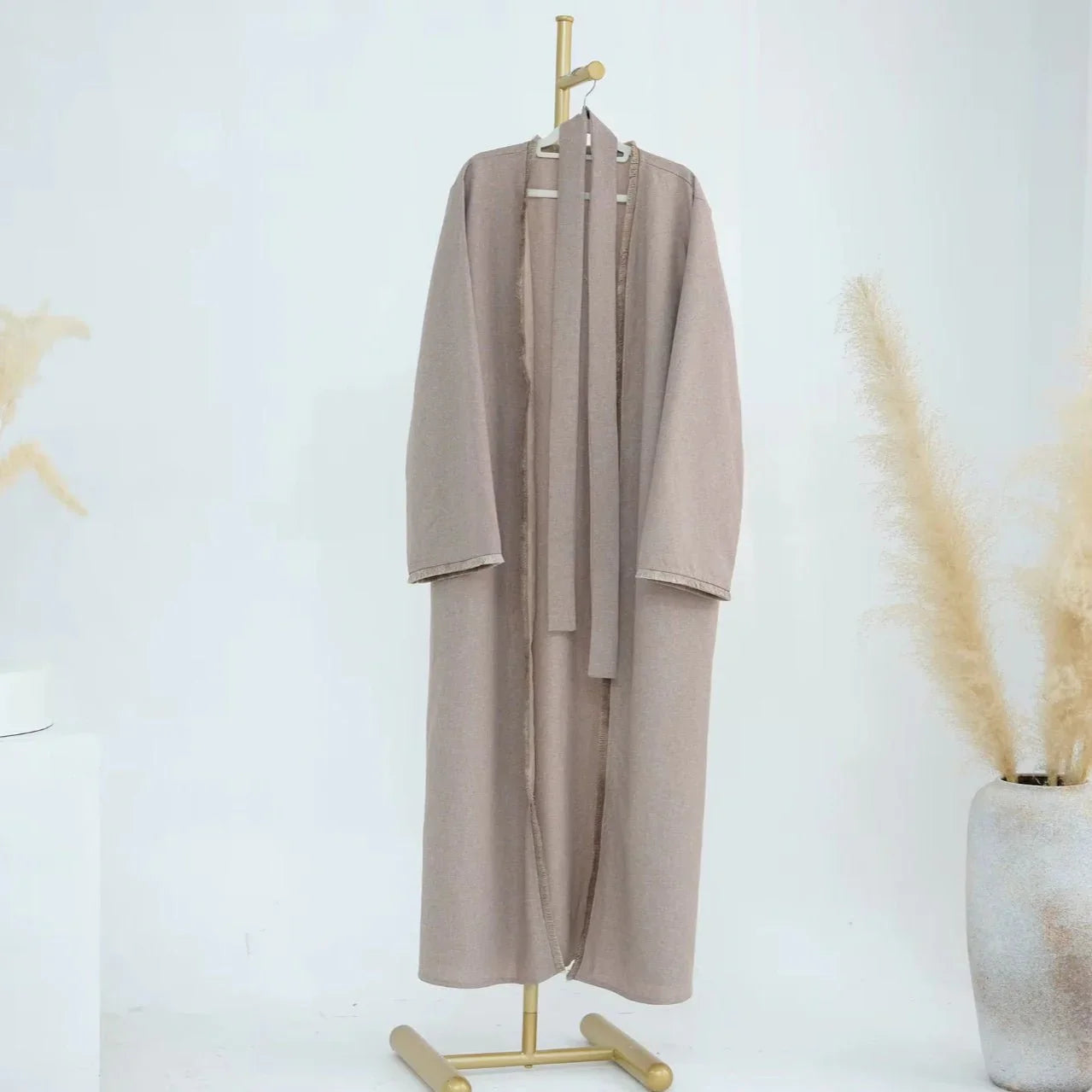 Beige Linen Tassel Open Abaya - AL-SAYLA