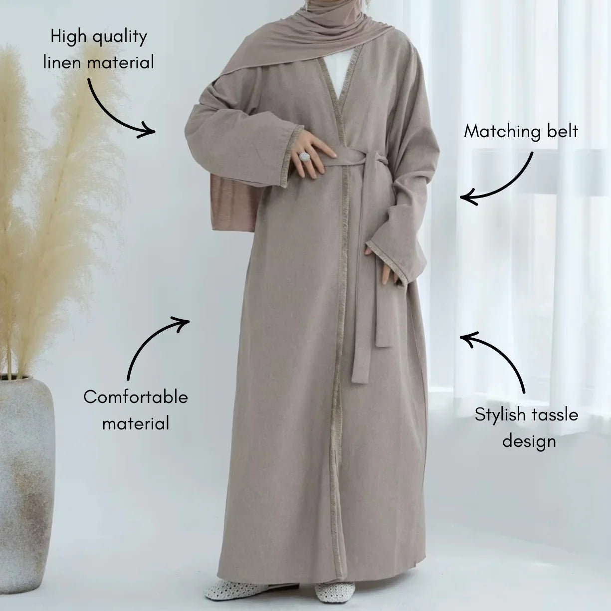 Beige Linen Tassel Open Abaya - AL-SAYLA