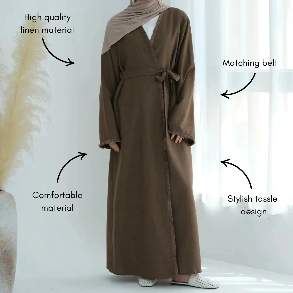 Brown Linen Tassel Open Abaya - AL-SAYLA