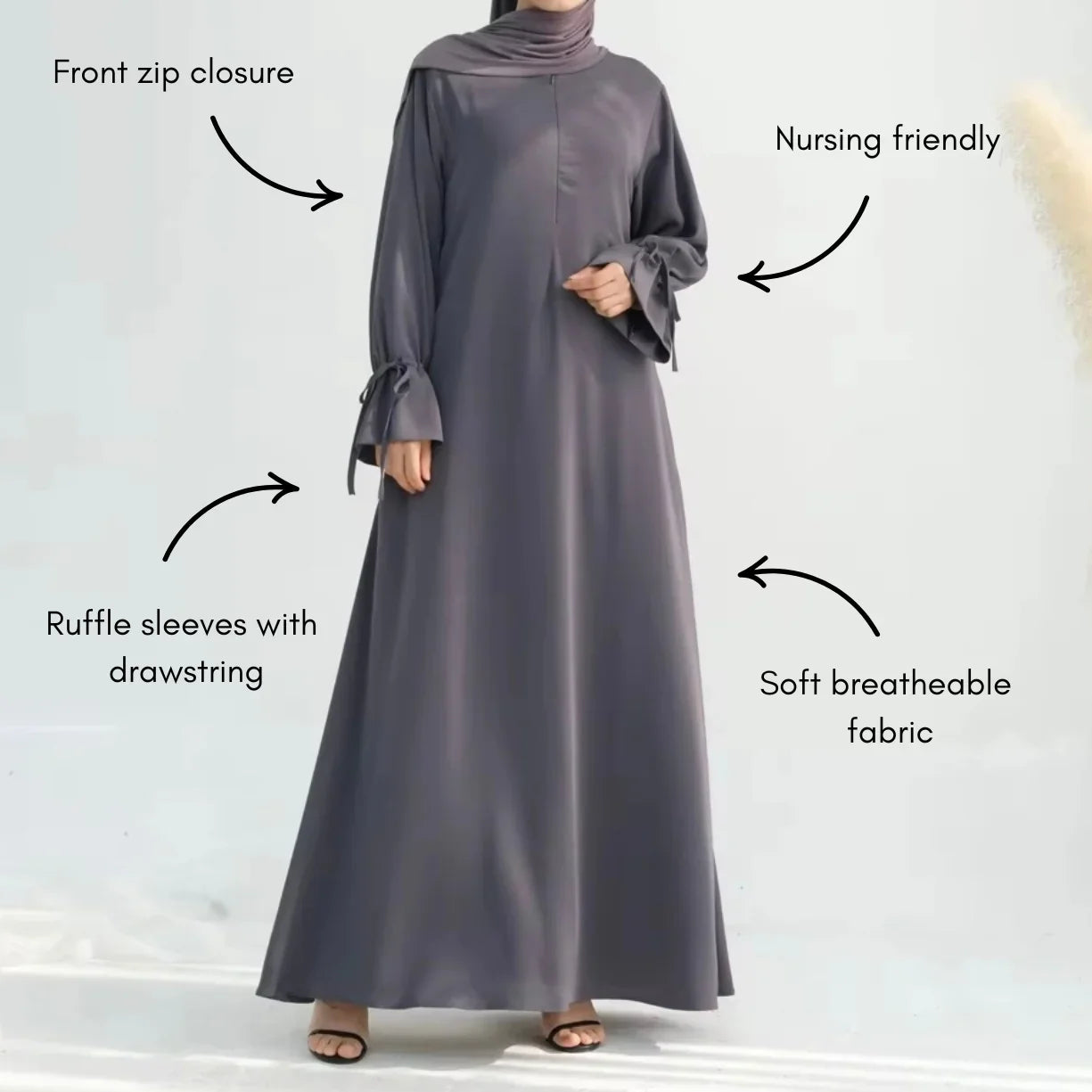 Grey Ruffle Sleeved Closed Abaya - AL-SAYLA