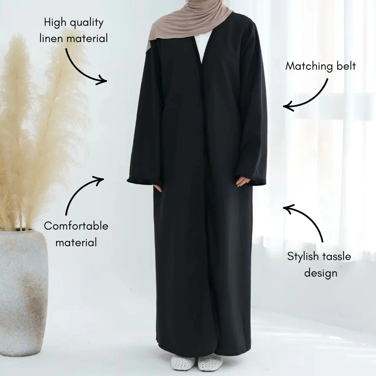 Black Linen Tassel Open Abaya - AL-SAYLA