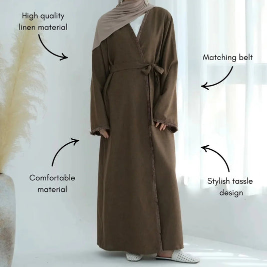 Brown Linen Tassel Abaya - AL - SAYLA